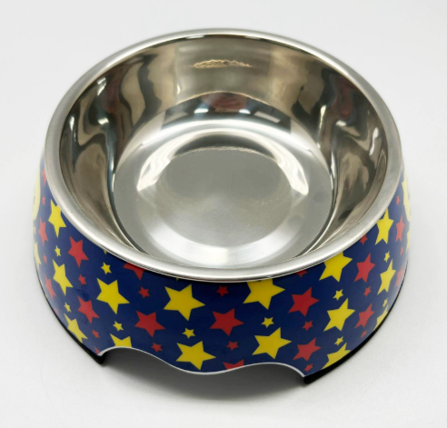 Brandywines Time stainless steel pet bowl with non-slip base, dual-use design, medium size, red color for dogs and cats.
