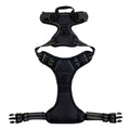 Black reflective nylon dog harness with chest and back straps, designed for safety and comfort by Brandywines Time.