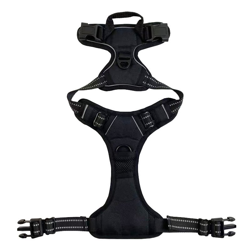 Black reflective nylon dog harness with chest and back straps, designed for safety and comfort for dogs.