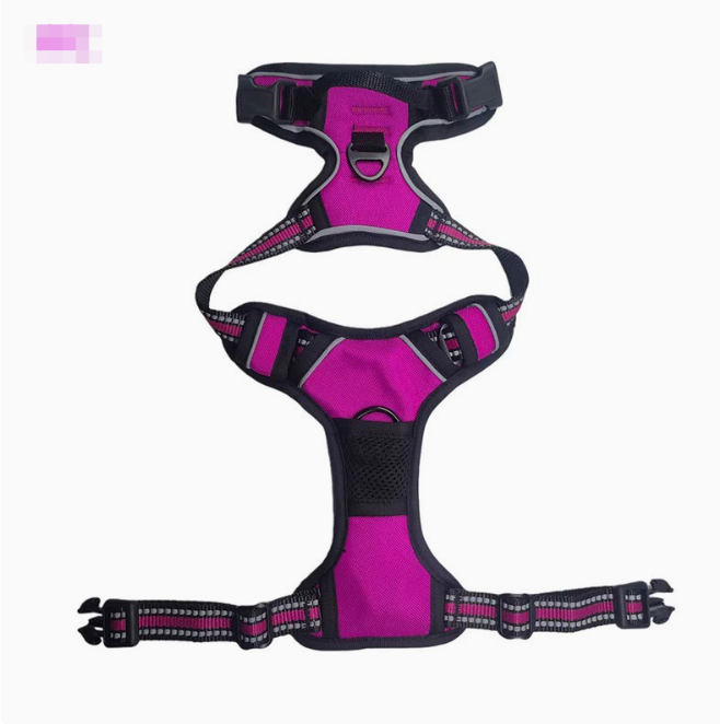 Black reflective nylon dog harness with chest and back straps, designed for safety and comfort, by Brandywines Time.