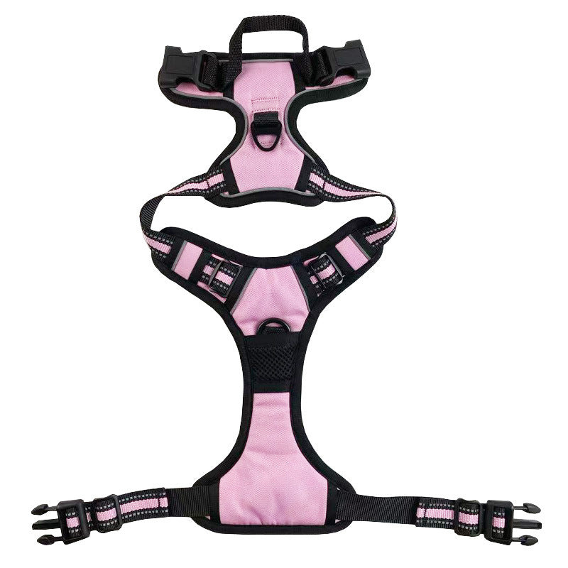 Black reflective nylon dog harness with chest and back straps, designed for safety and comfort for small dogs.