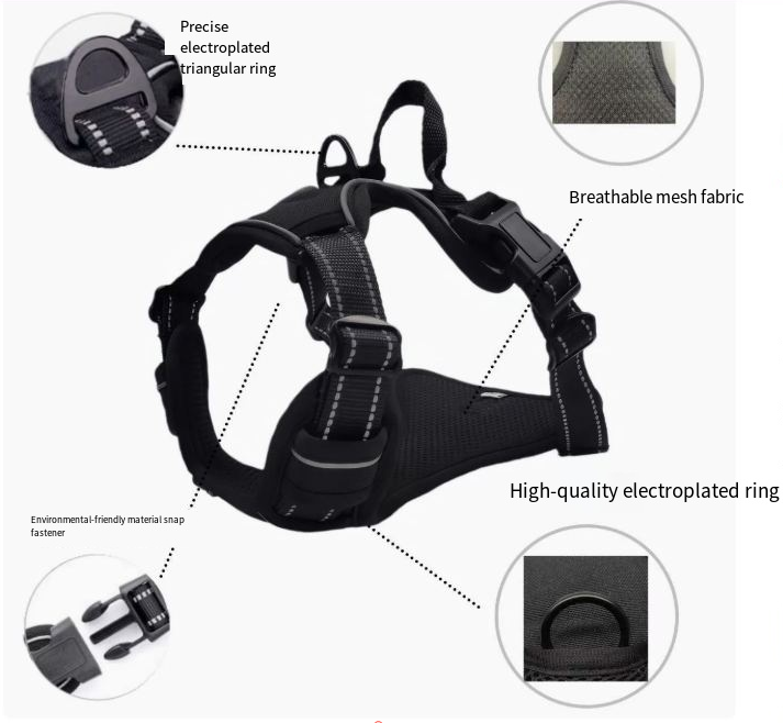 Black reflective nylon dog harness with chest and back straps, designed for safety and comfort for small dogs.