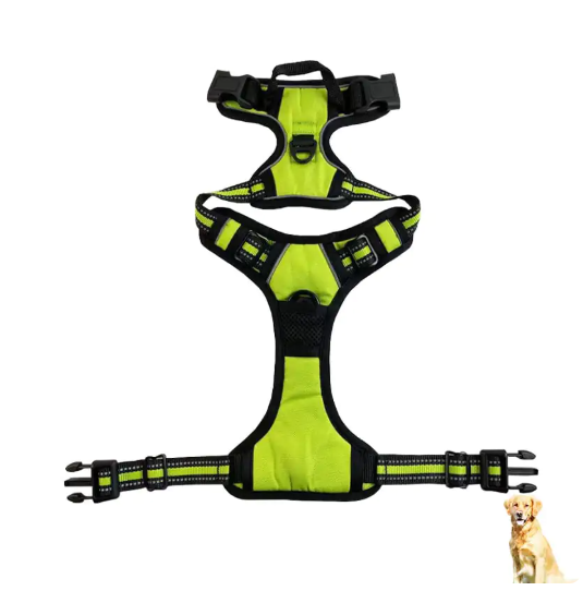 Black reflective nylon dog harness with chest and back straps, designed for visibility and comfort by Brandywines Time.