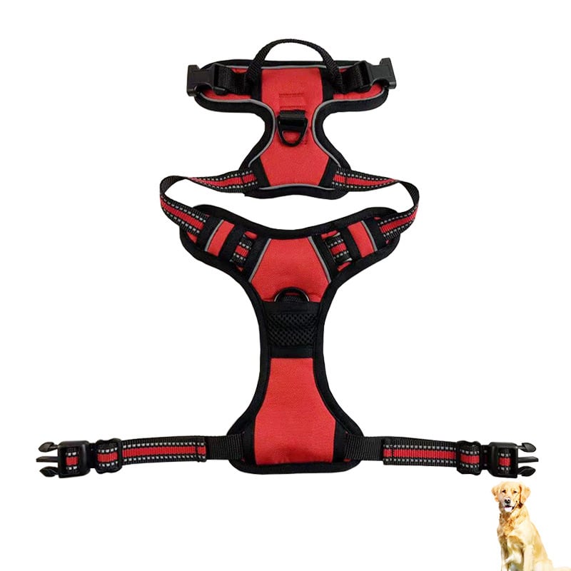 Black reflective nylon dog harness with chest and back straps, designed for visibility and comfort for small dogs.