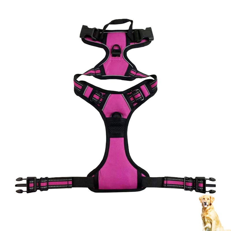 Black reflective nylon dog harness with chest and back straps, designed for safety and comfort by Brandywines Time.