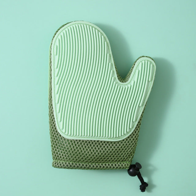 Green silicone massage gloves and pet hair removal brushes from Brandywines Time, ideal for grooming pets and removing hair.