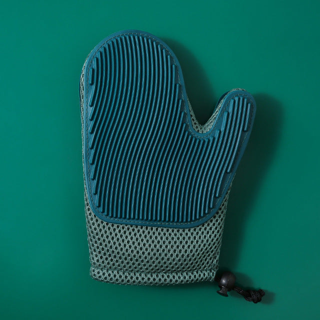 Green silicone massage gloves and pet hair removal brushes from Brandywines Time, designed for grooming and hair removal.