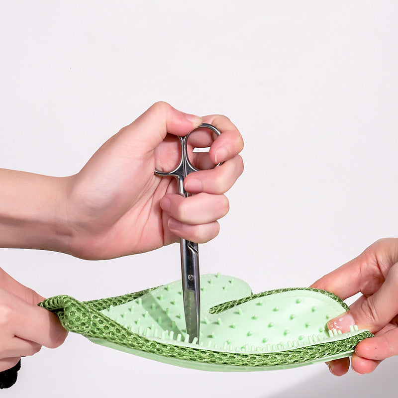 Green silicone massage gloves and pet hair removal brushes from Brandywines Time for grooming and fur cleaning.