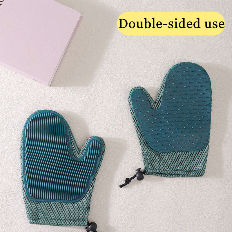 Green silicone massage gloves and pet hair removal brushes from Brandywines Time, designed for grooming and removing pet hair.