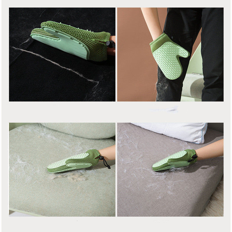 Green silicone massage gloves and pet hair removal brushes from Brandywines Time for grooming and fur cleaning.
