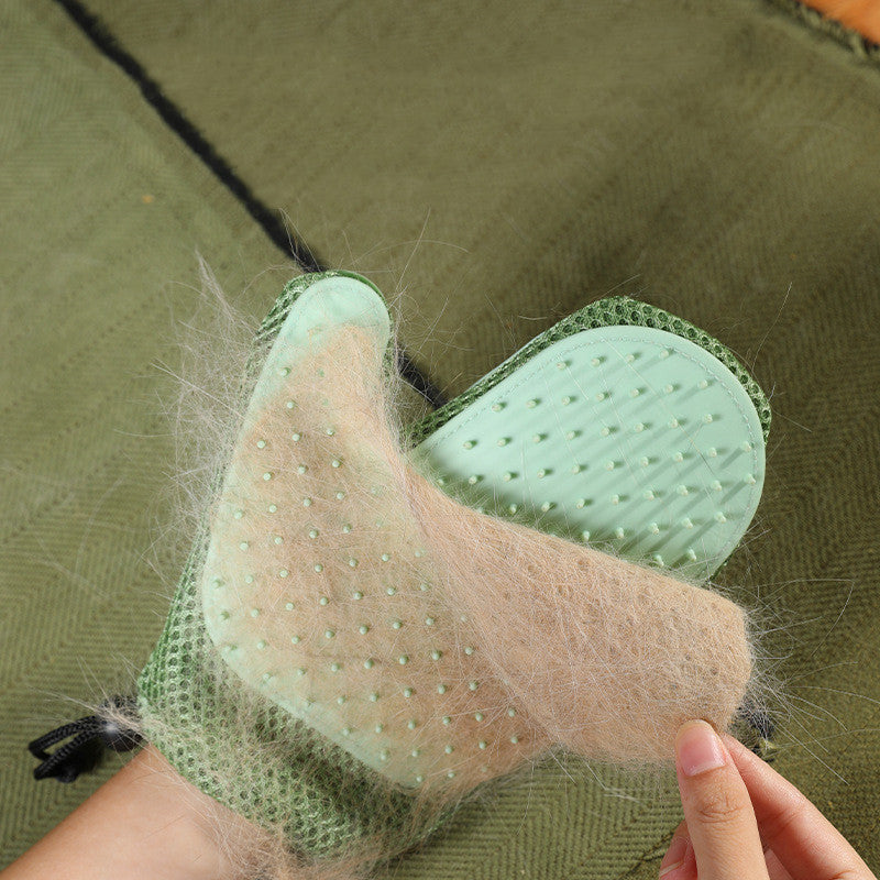 Green silicone massage gloves and pet hair removal brushes by Brandywines Time, designed for grooming and fur cleaning.