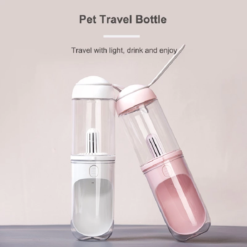 Lilac Milo outdoor travel pet water dispenser for dogs and cats, pink portable water bottle with built-in drinking bowl.