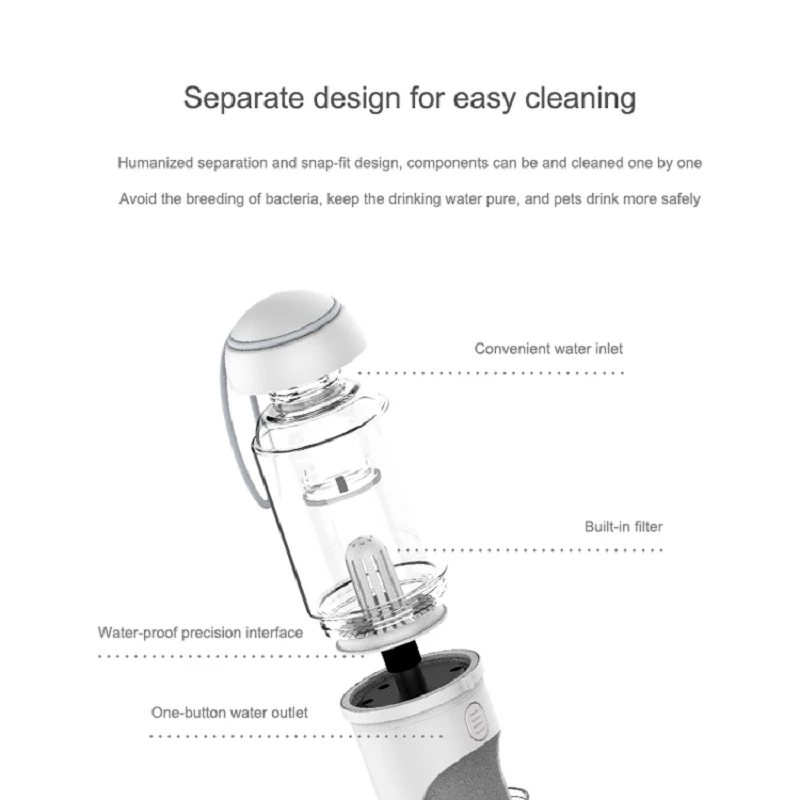 Lilac Milo outdoor travel pet water dispenser for dogs and cats, compact pink water bottle for on-the-go hydration.