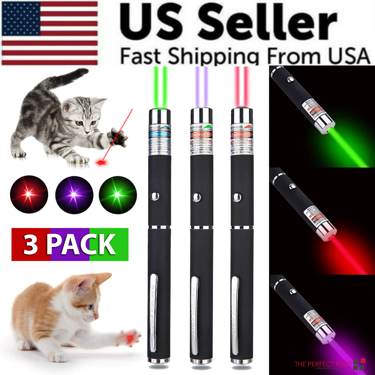 Puce Gaia 3-pack laser pointer pens in green, blue, and red with visible beams, ideal for cat toys and interactive play.
