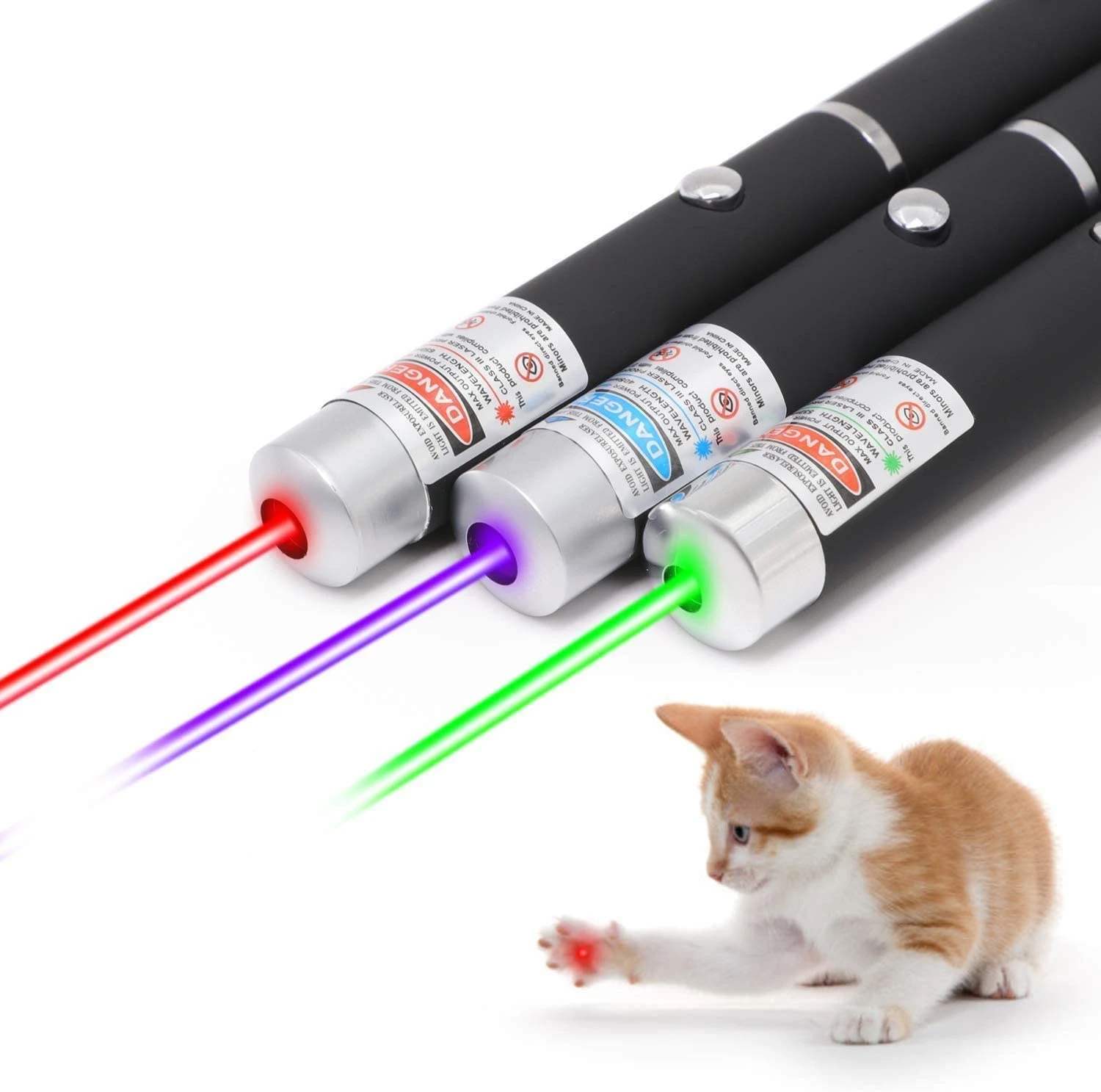 Puce Gaia 3-pack laser pointer pens with green, blue, and red visible beams, ideal as cat toys for interactive play.