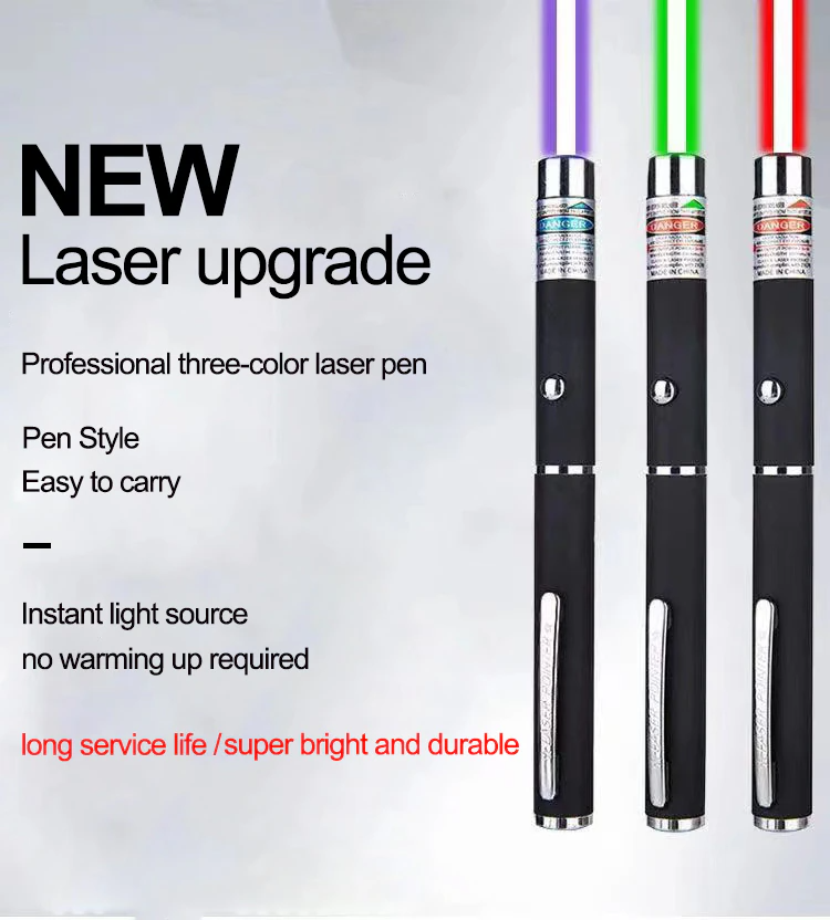 Puce Gaia 3-pack laser pointer pens in green, blue, and red with visible beams, ideal for cat toys and interactive play.