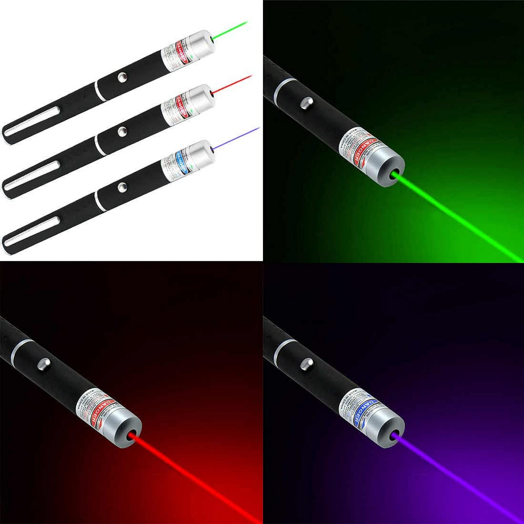 Puce Gaia 3-pack laser pointer pens in green, blue, and red with visible beams, designed as fun cat toys.