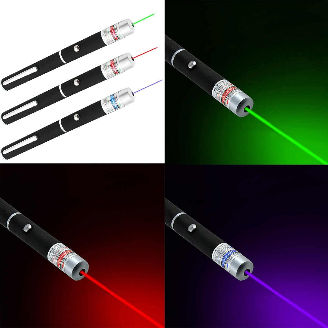 Puce Gaia 3-pack laser pointer pens in green, blue, and red with visible beams, designed as fun cat toys.