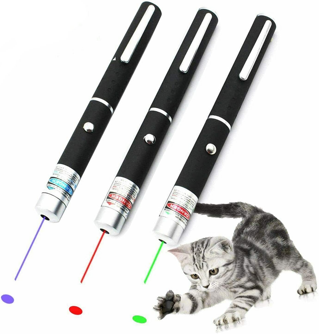 Puce Gaia 3-pack laser pointer pens in green, blue, and red with visible beams, ideal for cat toys and interactive play.