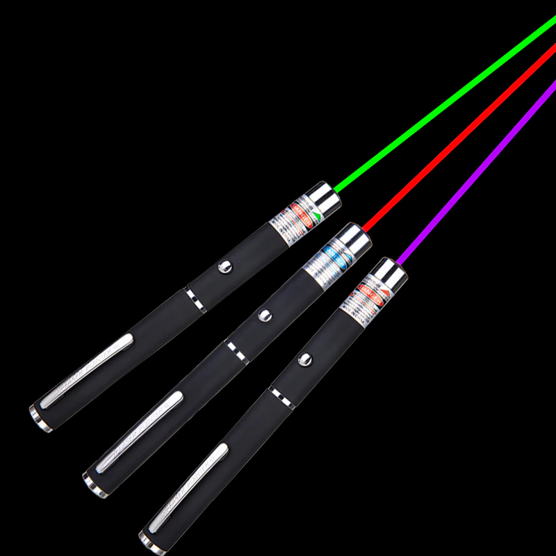 Puce Gaia 3-pack laser pointer pens with green, blue, and red visible beams, ideal as cat toys for interactive play.