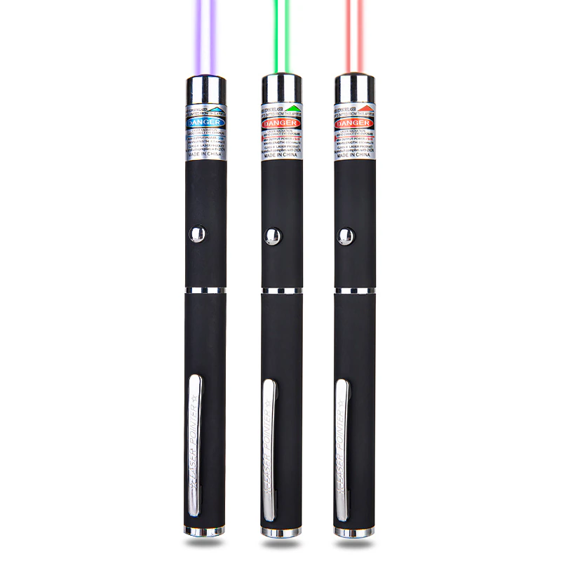 Puce Gaia 3-pack laser pointer pens in green, blue, and red with visible beams, ideal as cat toys for interactive fun.