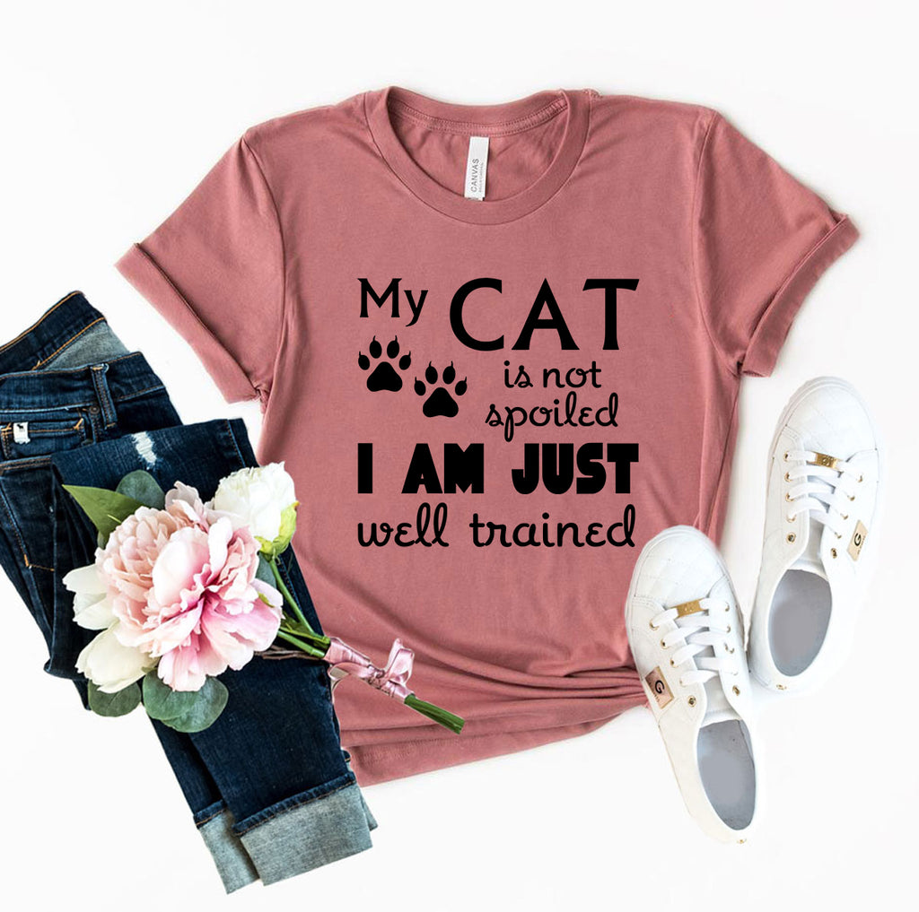 Red Alcestis Heather Peach T-shirt featuring the "My Cat Is Not Spoiled" slogan, casual and comfortable cat lover apparel.