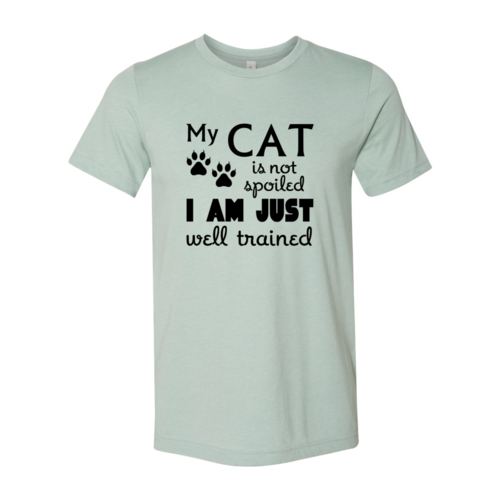 Red Alcestis Heather Peach T-shirt featuring the playful "My Cat Is Not Spoiled" slogan, casual and comfortable cat-themed apparel.
