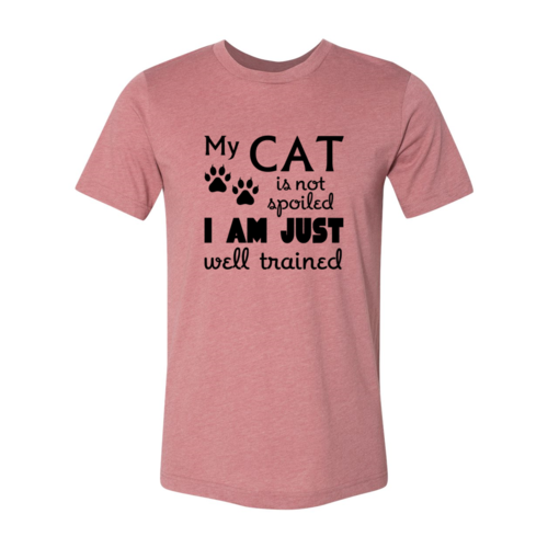 Red Alcestis "My Cat Is Not Spoiled" T-shirt in heather peach, featuring a casual fit and playful cat-themed graphic.