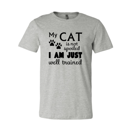Red Alcestis Heather Peach T-shirt featuring the humorous "My Cat Is Not Spoiled" design, casual and comfortable for cat lovers.