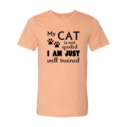 Red Alcestis Heather Peach T-shirt featuring the "My Cat Is Not Spoiled" design, casual crew neck style with soft fabric.