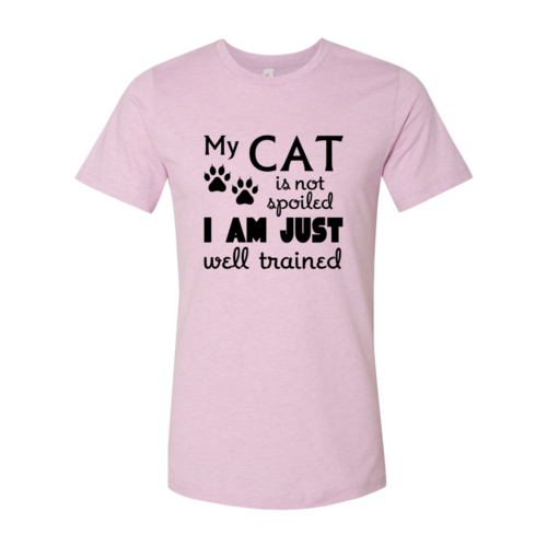 Red Alcestis Heather Peach T-shirt featuring the humorous "My Cat Is Not Spoiled" design on a casual cotton shirt.