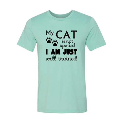 Red Alcestis Heather Peach T-shirt featuring humorous "My Cat Is Not Spoiled" design, casual fit, and soft fabric.