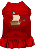 Red embroidered dog dress by Rose Chloe, fun pet outfit with playful design, perfect for small dogs like the Mirage pet model.