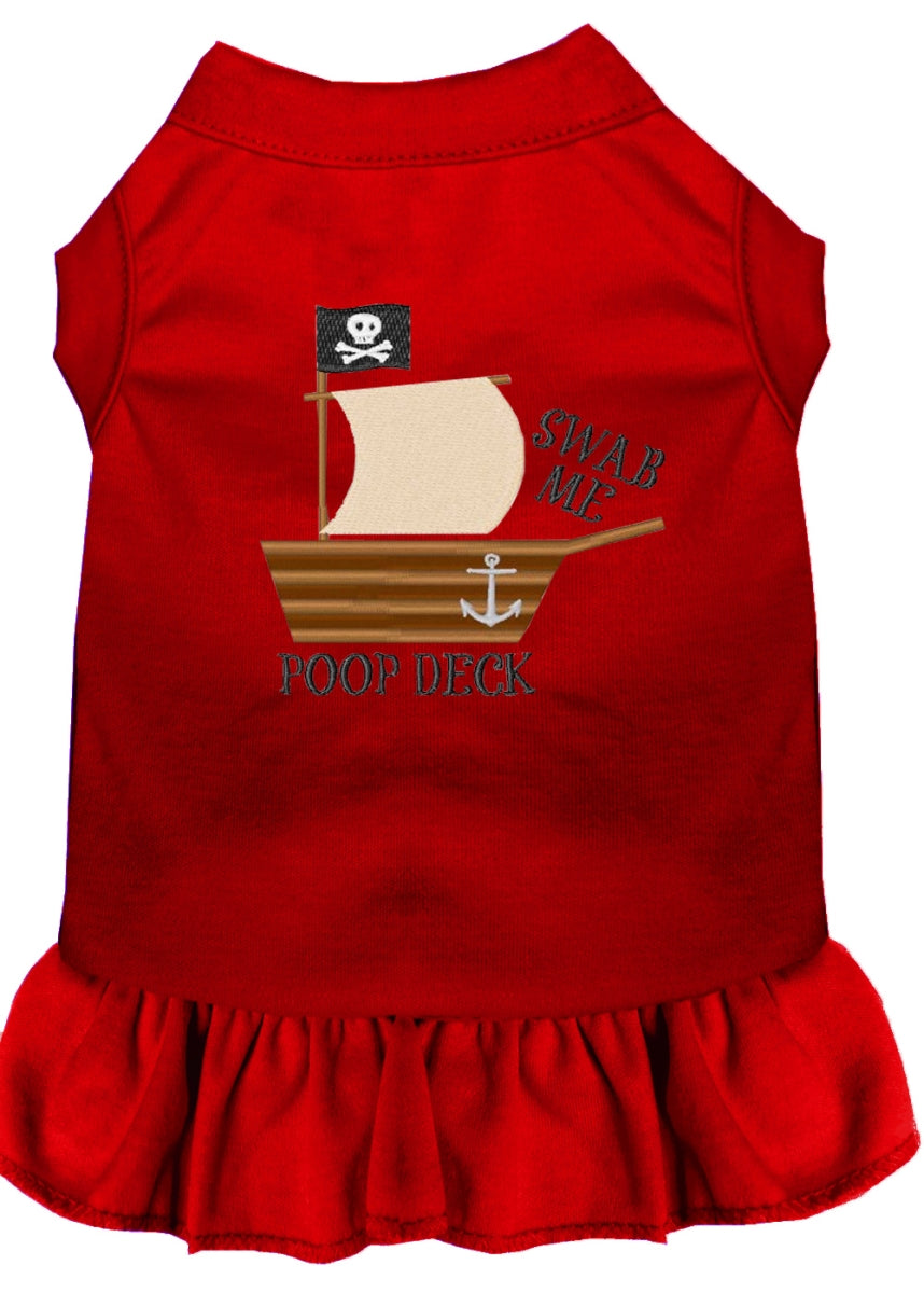 Red embroidered dog dress by Rose Chloe, fun pet outfit with playful design, perfect for small dogs like the Mirage pet model.