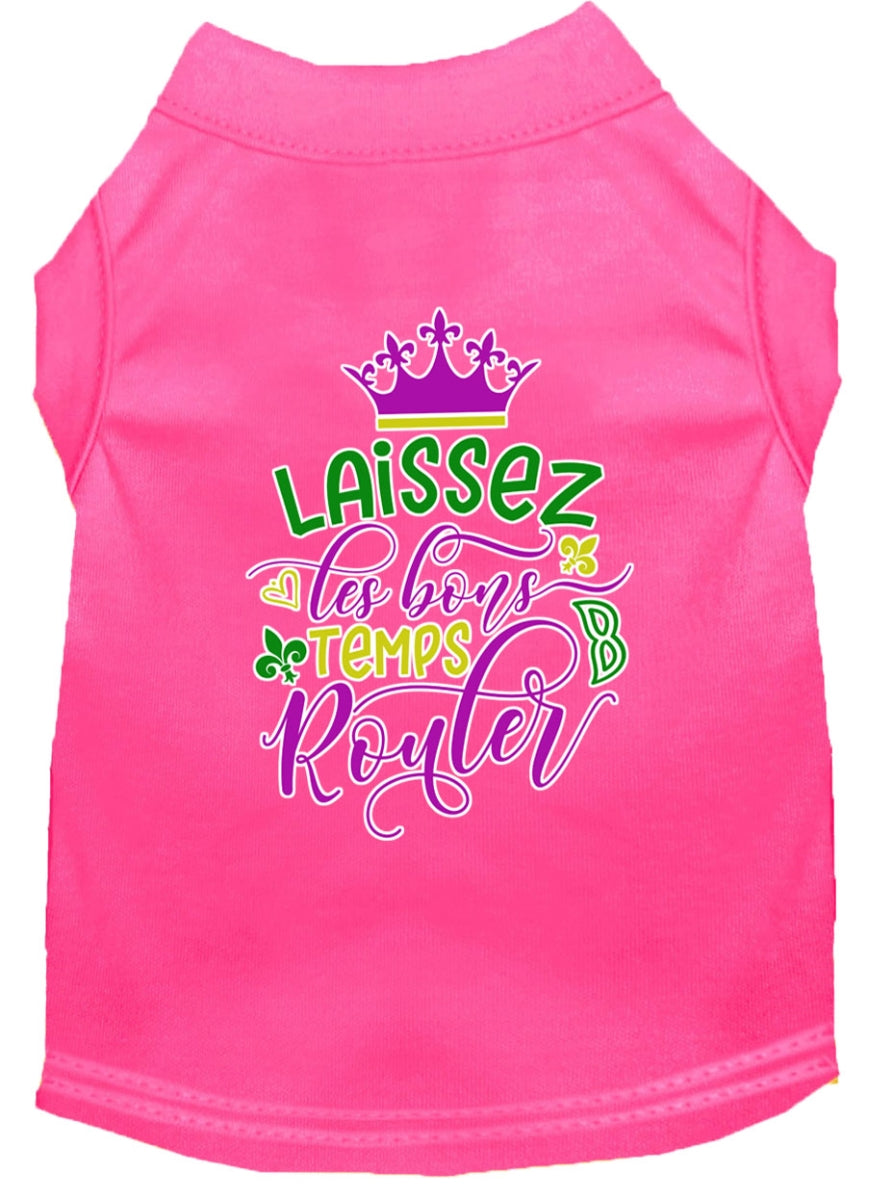 Rose Chloe Mardi Gras dog shirt with vibrant screen print, featuring colorful designs and festive details for pet apparel.
