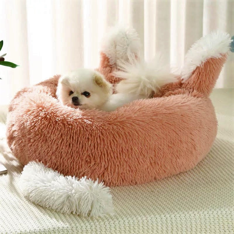 Teal Zeus plush cat and small dog bed with ears and tail, soft and cozy for pets, fast shipping, in teal color.