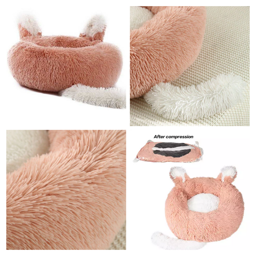 Teal Zeus plush cat bed with ears and tail, designed for small dogs and cats, featuring soft, cozy fabric for comfort.