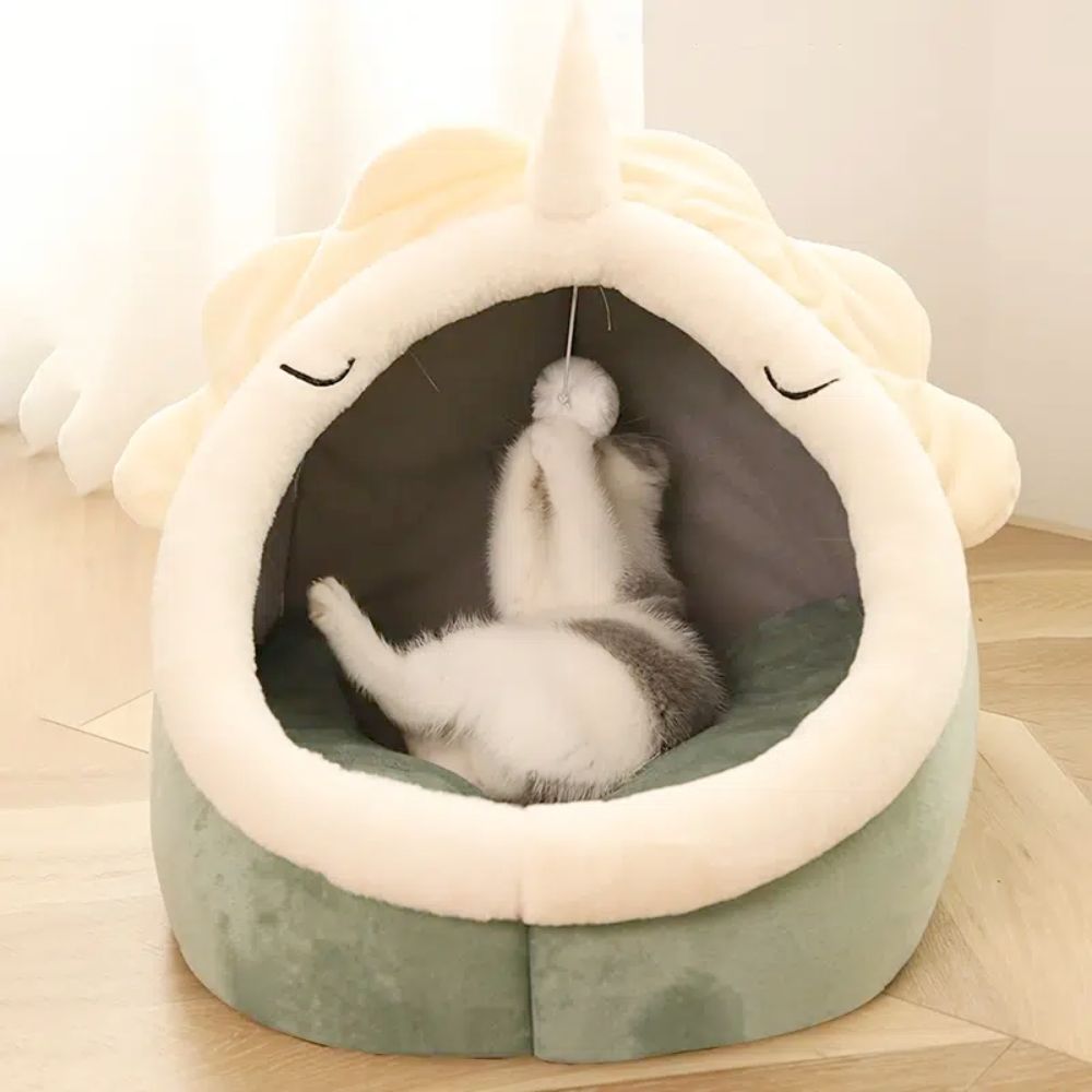 Yellow Pandora dinosaur pet bed with soft blanket and toy, cozy pet house for small dogs or cats, in bright yellow color.