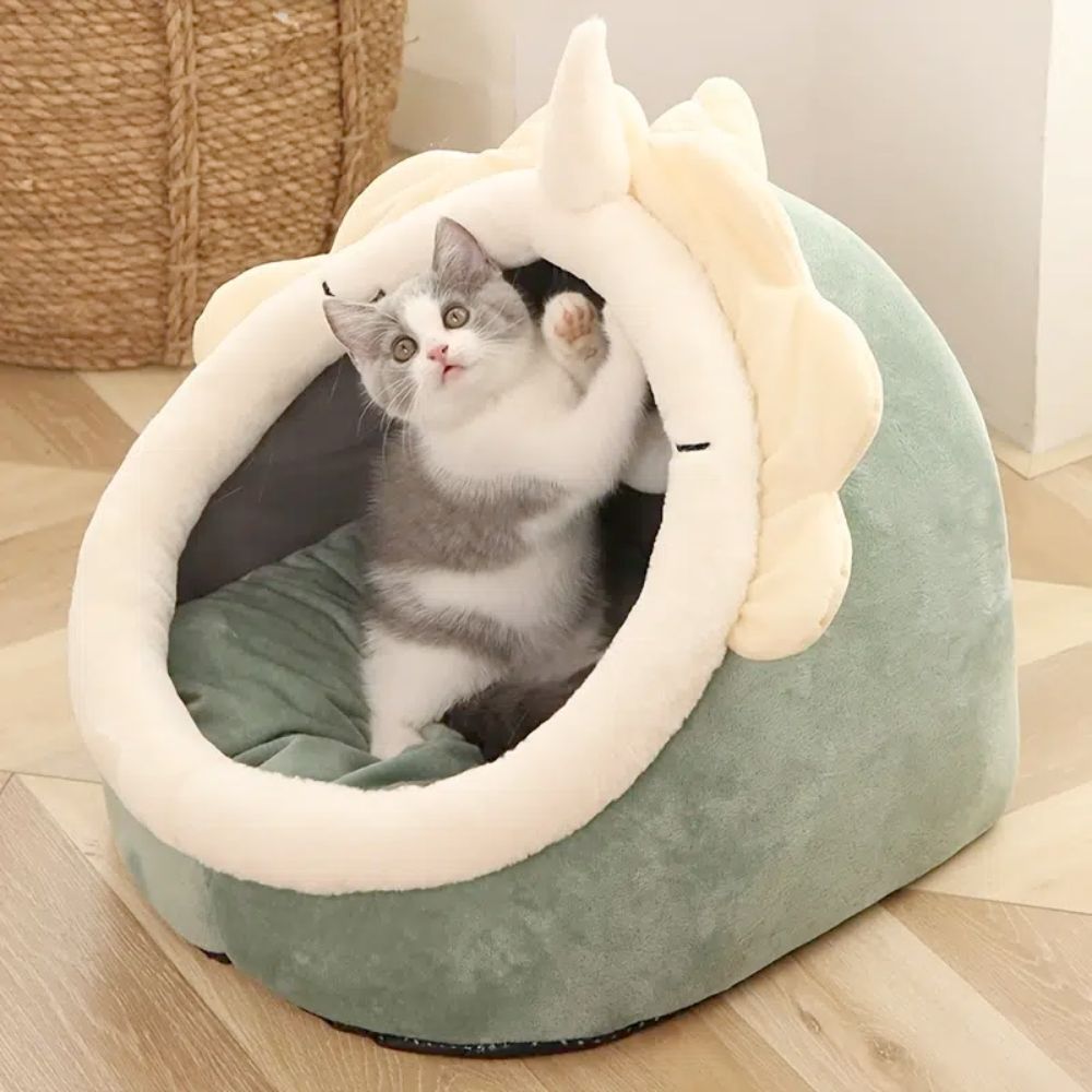 Yellow Pandora dinosaur-shaped pet bed with soft interior and attached toy for small pets, cozy and adorable for pets' comfort.
