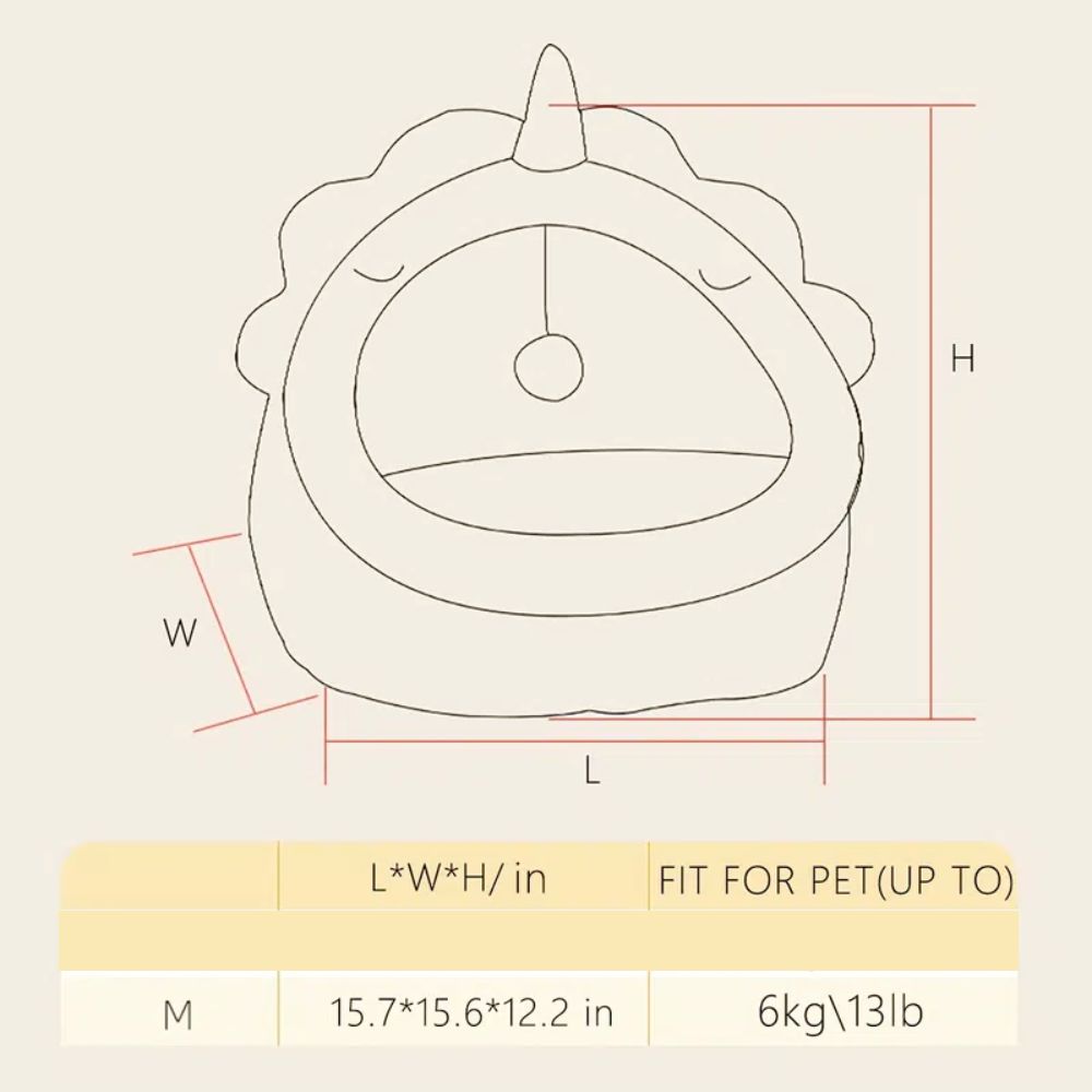Yellow Pandora dinosaur-shaped pet bed with soft fabric, includes a plush toy for comfort and play.