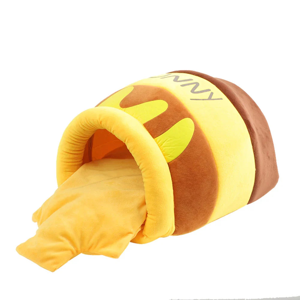Yellow Pandora honey jar-themed cat bed with soft fabric and cozy design, perfect for small cats and feline comfort.