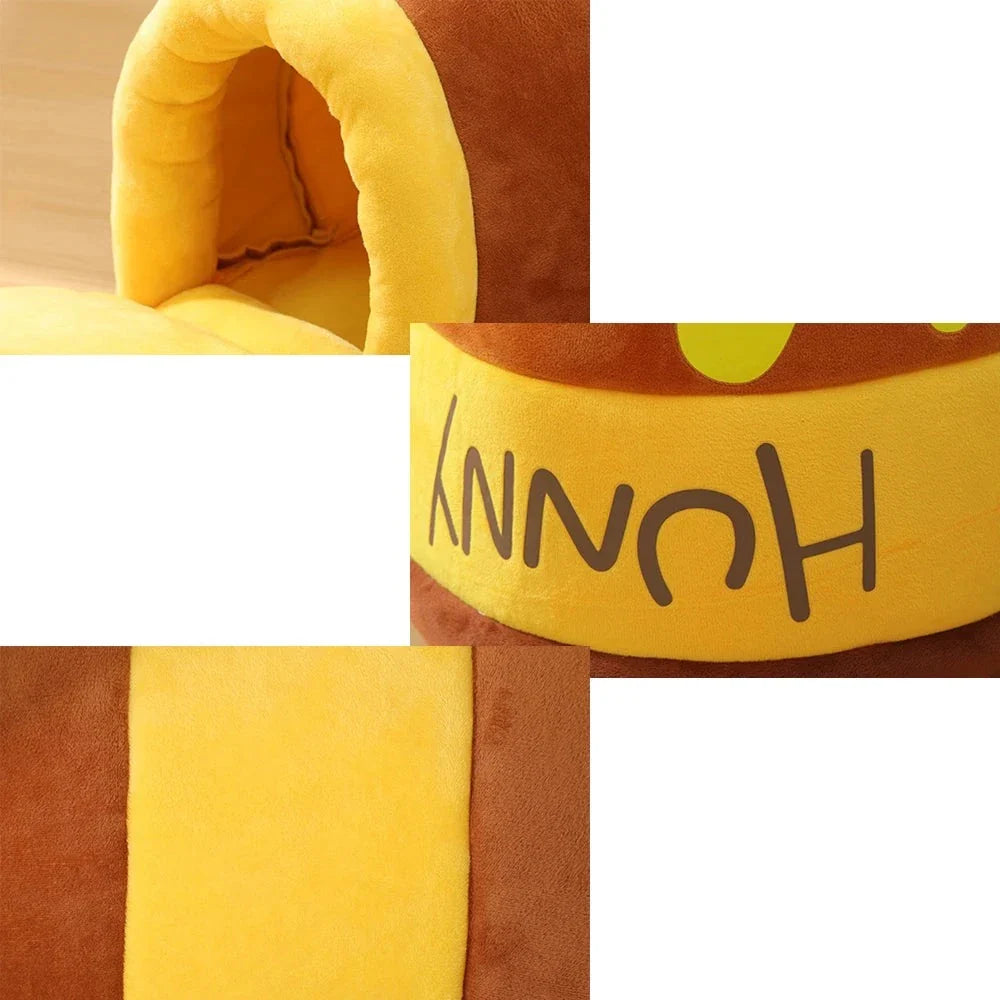 Yellow Pandora honey jar-themed cat bed with soft fabric and cozy design, perfect for small cats and feline comfort.