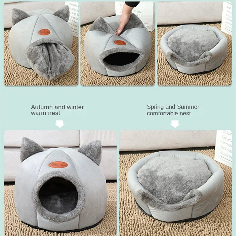 Yellow Pandora cozy 2-in-1 pet house bed with soft blankets, designed for small pets to rest comfortably indoors.