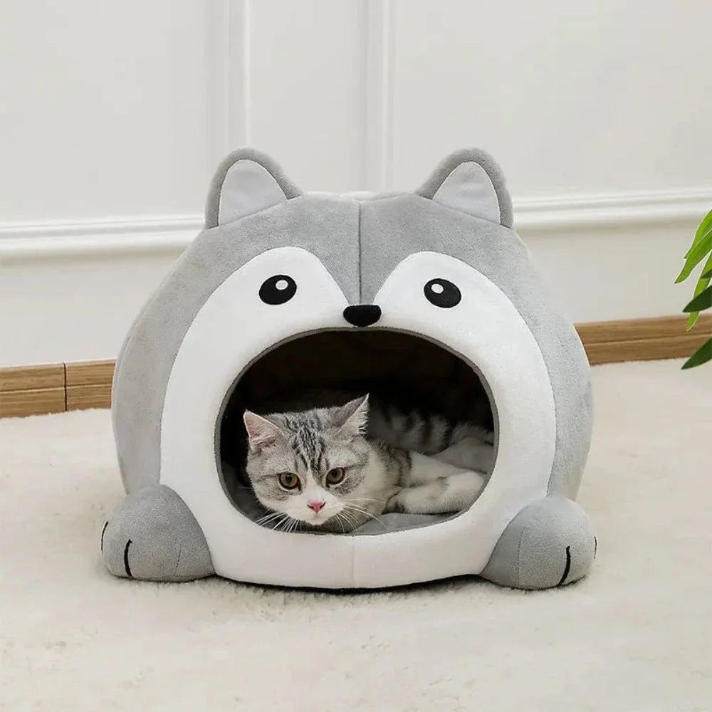 Gray and white cartoon fox-themed pet house by Yellow Pandora, cozy pet bed with plush fabric and playful design.