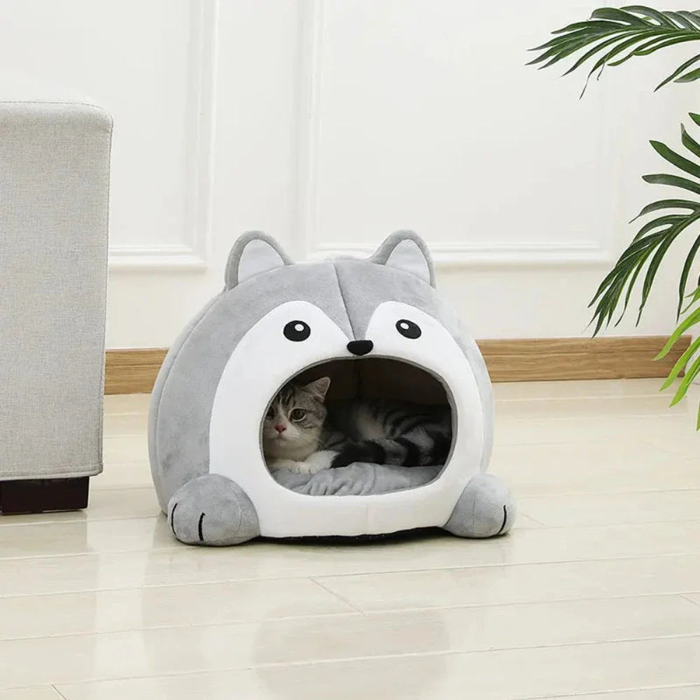 Yellow Pandora cartoon fox theme pet house, cozy pet bed with gray and white fox design for small pets.