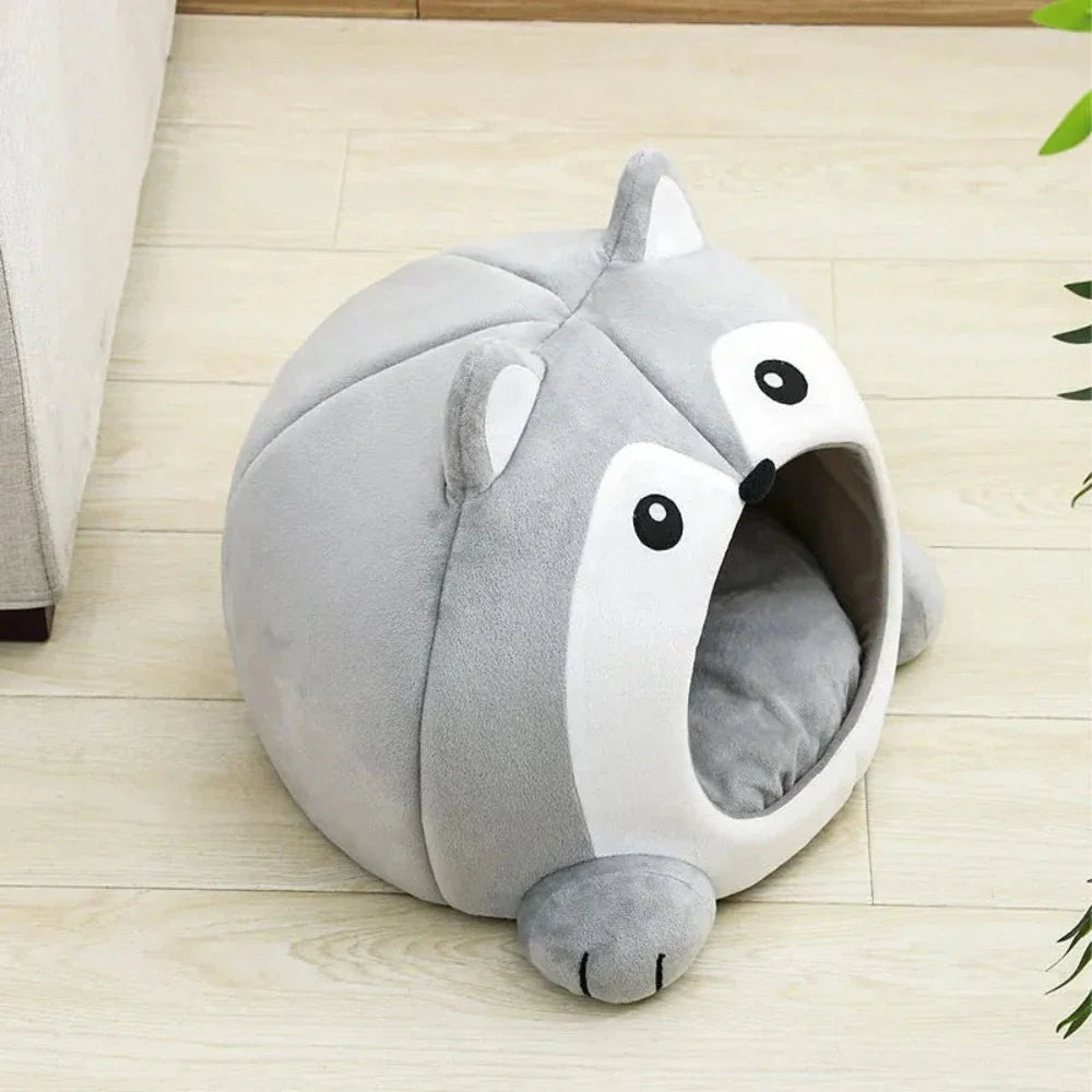 Yellow Pandora cartoon fox theme pet house, cozy pet bed with gray and white fox design, ideal for small pets.