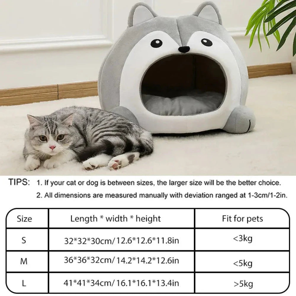 Yellow Pandora cartoon fox theme pet house, cozy pet bed with gray and white fox design, perfect for small pets.
