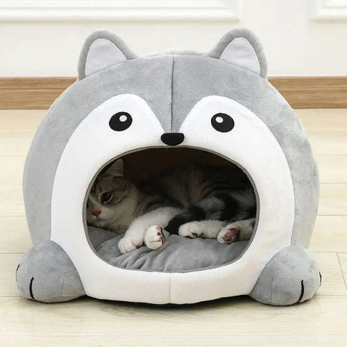 Yellow Pandora cartoon fox theme pet house, cozy pet bed with gray and white fox design, ideal for small pets.