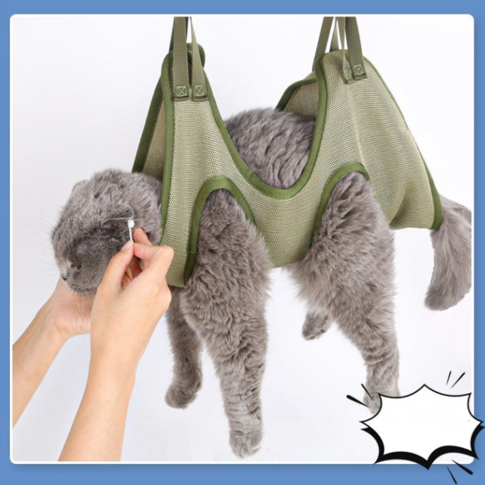 Yellow Pandora cat grooming restraint bag with hammock, black fabric, designed for grooming cats up to 20kg.