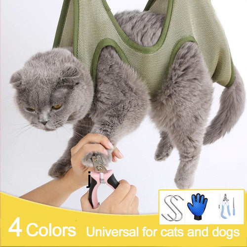 Yellow Pandora cat grooming restraint bag with hammock, black fabric, designed to restrain cats during grooming sessions.